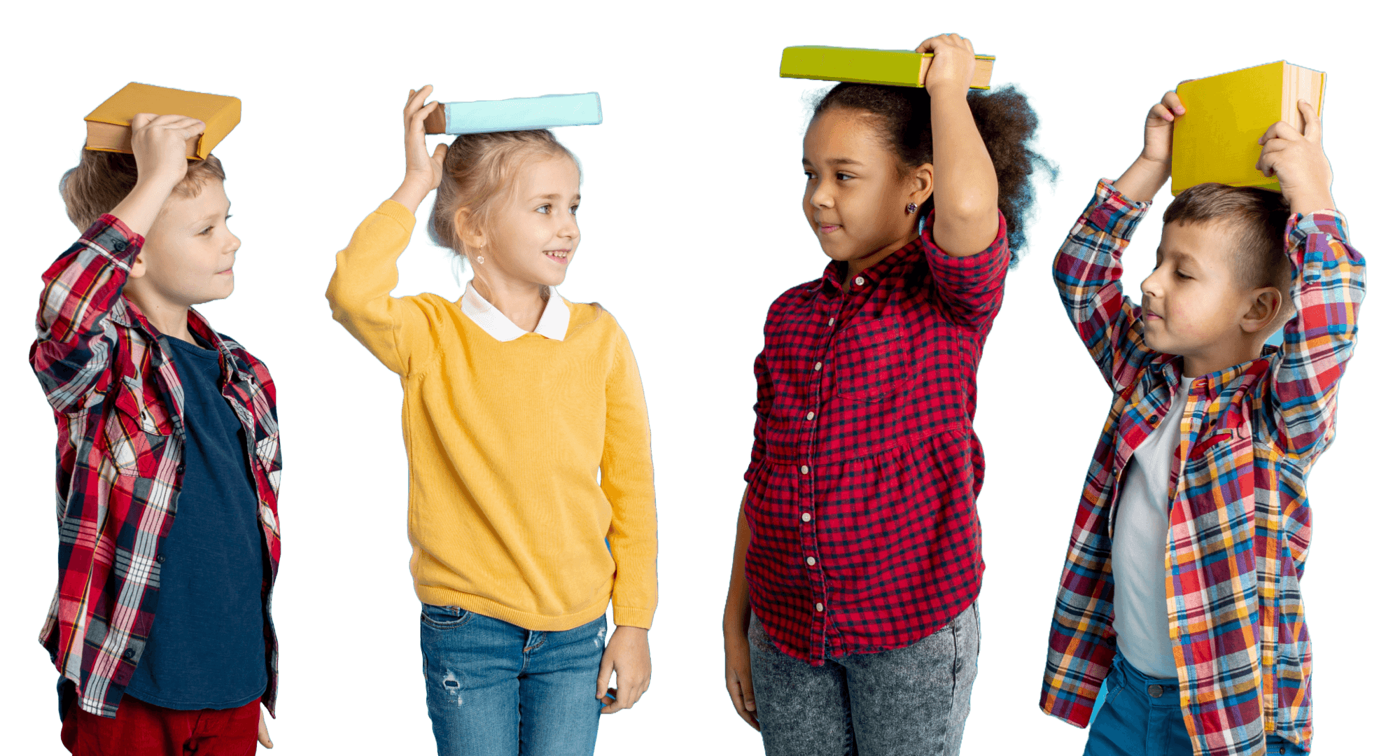 4 children, each holding a book over the head